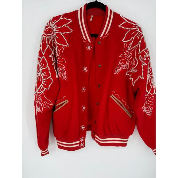 Free People Pretty In Pearls Bomber Jacket Varsity Red Medium M - Picture 3 of 14